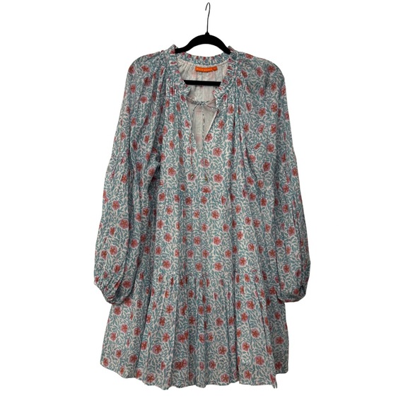 Oliphant Block Print Tiered Mini Dress Tunic Floral Blue Pink XL - Picture 2 of 6